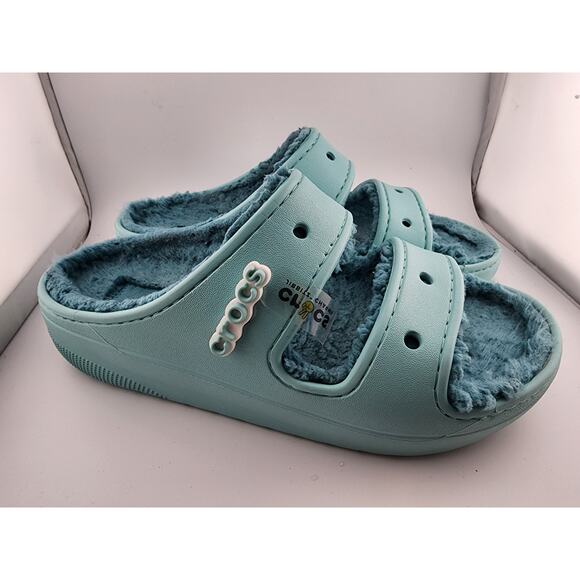 Crocs Cozzzy Sandals Womens 8 Mens 6 Aqua Blue Fuzzy Slip On Slides Shoes - Picture 1 of 8
